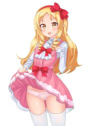 Rule 34 | 10s, 1girl, 2drr, absurdres, blonde hair, blush, bow, clothes lift, dress, dress lift, drill hair, eromanga sensei, hairband, highres, lifted by self, looking at viewer, open mouth, panties, pink dress, pink panties, pointy ears, print panties, thighhighs, twin drills, underwear, white thighhighs, yamada elf, yellow eyes