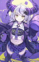 1girl ahoge belt black_coat black_horns boots coat collar cross_hair_ornament demon_girl demon_horns haidollo hair_ornament highres hololive horns huge_horns la+_darknesss looking_at_viewer multicolored_hair navel necktie purple_collar purple_hair purple_horns purple_skirt shirt short_hair skirt sleeves_past_wrists smile sparkle_hair_ornament stomach streaked_hair striped_horns thigh_boots virtual_youtuber white_shirt yellow_eyes