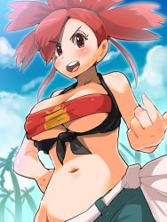Rule 34 | 10s, 1girl, blush, boris (noborhys), breasts, cleavage, creatures (company), flannery (pokemon), game freak, gym leader, large breasts, navel, nintendo, pokemon, pokemon oras, red eyes, red hair, short shorts, shorts, solo, strapless, teeth, tube top, upper teeth only