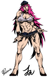 Rule 34 | 1girl, abs, absurdres, blue eyes, breasts, choker, cuffs, female focus, final fight, handcuffs, hat, high heels, highres, jazon, lipstick, long hair, looking at viewer, makeup, muscular, muscular female, navel, pink hair, poison (final fight), solo, street fighter, toned, whip