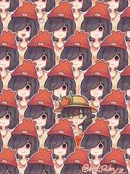Rule 34 | 6+girls, :d, black hair, blush stickers, braid, brown hat, closed mouth, commentary, creatures (company), dual persona, english commentary, eyelashes, flower, game freak, hat, hat flower, heart, highres, kairubyz, looking at viewer, multiple girls, nintendo, open mouth, pokemon, pokemon sm, pokemon usum, purple eyes, red hat, selene (pokemon), smile, twitter username