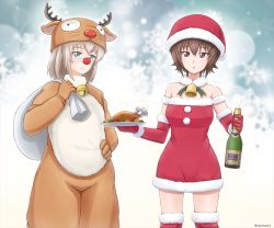 Rule 34 | 10s, 2girls, alcohol, alternate costume, animal costume, bag, bare shoulders, bell, blue eyes, boots, brown eyes, brown hair, carrying, champagne, champagne bottle, chicken (food), christmas, closed mouth, commentary, cosplay, cowboy shot, detached collar, dress, elbow gloves, food, fur-trimmed collar, fur trim, girls und panzer, gloves, hand on own hip, hat, holding, itsumi erika, jingle bell, light frown, long hair, looking at viewer, multiple girls, nishizumi maho, omachi (slabco), oversized object, parted lips, plate, red dress, red footwear, red gloves, red hat, red nose, reindeer costume, rudolph the red nosed reindeer, rudolph the red nosed reindeer (cosplay), santa costume, santa hat, short dress, short hair, silver hair, snowflake background, strapless, strapless dress, thigh boots, thighhighs