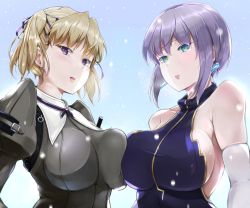 Rule 34 | 2girls, asymmetrical docking, bare shoulders, blonde hair, breast press, breasts, character request, commentary request, earrings, elbow gloves, gloves, hair ribbon, halterneck, highres, jewelry, large breasts, light brown hair, lips, looking at viewer, multiple girls, parted lips, purple eyes, purple ribbon, rance (series), ribbon, short hair with long locks, sideboob, sidelocks, two side up, urza pranaice, usupira shintou, usutominsutaa, white gloves