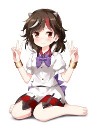 Rule 34 | 1girl, 3:, barefoot, black hair, bow, bowtie, bracelet, breasts, commentary request, cone horns, double v, dress, full body, grey horns, hands up, highres, horns, jewelry, kijin seija, looking at viewer, medium breasts, multicolored hair, puffy short sleeves, puffy sleeves, purple bow, purple bowtie, red eyes, red hair, ribbon-trimmed bow, ribbon-trimmed collar, ribbon trim, ruu (tksymkw), sash, shadow, short hair, short sleeves, simple background, sitting, solo, streaked hair, sweat, touhou, v, wariza, white background, white dress, white hair, wing collar