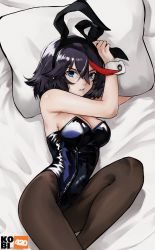 Rule 34 | 1girl, animal ears, artist name, black hair, black leotard, blue eyes, bow, bowtie, commentary, detached collar, english commentary, fake animal ears, highres, kill la kill, kobi420, leotard, looking at viewer, lying, matoi ryuuko, multicolored hair, on side, pantyhose, parted lips, pillow, playboy bunny, red hair, shiny clothes, short hair, solo, strapless, strapless leotard, streaked hair, two-tone hair, wrist cuffs