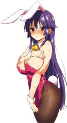 Rule 34 | 1girl, angry, animal ears, bare shoulders, blush, breast suppress, breasts, brown pantyhose, bursting breasts, chizuru-chan kaihatsu nikki, detached collar, fake animal ears, female focus, fishnet pantyhose, fishnets, from side, furrowed brow, hair ornament, hairclip, highres, large breasts, leotard, long hair, looking at viewer, mucha (muchakai), nipple slip, nipples, nose blush, original, pantyhose, playboy bunny, puffy nipples, purple hair, rabbit ears, rabbit tail, red eyes, shiina chizuru, side-tie leotard, simple background, solo, sweat, tail, tsurime, undersized clothes, very long hair, white background, wrist cuffs