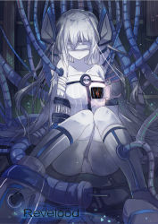 Rule 34 | 1girl, android, ass, bad id, bad pixiv id, bandaged arm, bandages, bare shoulders, blindfold, cable, colored skin, commentary request, dress, grey hair, headgear, knees together feet apart, long hair, mechanical parts, mitu yang, original, panties, sitting, solo, thighhighs, underwear, white panties, white skin, white thighhighs