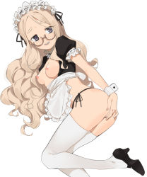 Rule 34 | 10s, 1girl, 2l (2lsize), apron, ass, black footwear, black panties, blonde hair, blush, breasts, breasts out, covering privates, covering ass, embarrassed, forehead, frills, from side, highres, long hair, looking back, lying, maid, maid headdress, mary janes, nipples, nose blush, open mouth, original, panties, shoes, side-tie panties, simple background, small breasts, solo, teeth, thick eyebrows, thighhighs, thighs, underwear, waist apron, wavy hair, white background, white thighhighs