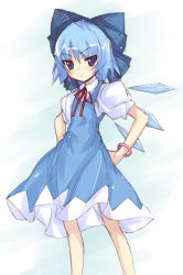 Rule 34 | 1girl, bad id, bad pixiv id, blue dress, blue eyes, blue hair, bow, bracelet, cirno, dress, hair bow, hand on own hip, hands on own hips, hip focus, jewelry, matching hair/eyes, sketch, solo, standing, embodiment of scarlet devil, touhou, tsurime, wings, yumesato makura