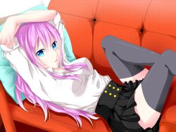 Rule 34 | 1girl, arms up, bad id, bad pixiv id, black skirt, black thighhighs, blue eyes, collared shirt, couch, high waist, long hair, lying, megurine luka, on back, pillow, pink hair, red upholstery, sayaka (ponkichi), shirt, skirt, solo, thighhighs, vocaloid, white shirt, zettai ryouiki