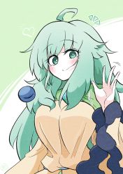 Rule 34 | 1girl, absurdres, ahoge, alternate breast size, alternate hair length, alternate hairstyle, breasts, closed mouth, green background, green eyes, green hair, heart, highres, komeiji koishi, large breasts, long hair, long sleeves, looking at viewer, no headwear, scavia10, short hair, simple background, solo, third eye, touhou, two-tone background, upper body, waving, white background, wide sleeves