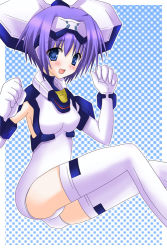 Rule 34 | 1girl, armor, blue armor, blue background, blue eyes, blush, bow, breasts, checkered background, cross (crossryou), gloves, hair bow, headband, leotard, looking at viewer, open mouth, purple hair, short hair, sitting, small breasts, smile, socks, solo, thighhighs, white background, white gloves, white leotard, white socks, wristband