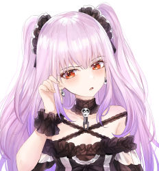 Rule 34 | 1girl, absurdres, bare shoulders, black dress, blush, brown eyes, commentary, double bun, dress, earrings, fang, frills, hair bun, hair ornament, highres, hololive, jewelry, kanniiepan, looking at viewer, open mouth, red eyes, simple background, skull, solo, twintails, two side up, uruha rushia, uruha rushia (3rd costume), virtual youtuber, white background, white dress
