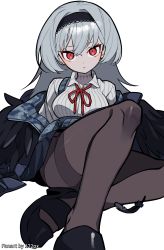 Rule 34 | 122pxsheol, 1girl, absurdres, black pantyhose, breasts, feathers, girls&#039; frontline, hairband, highres, jacket, long hair, looking at viewer, medium breasts, pantyhose, red eyes, silver hair, sitting, solo, thighband pantyhose, thunder (girls&#039; frontline)
