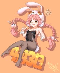Rule 34 | 1girl, acuma, animal hat, black leotard, black pantyhose, braid, breasts, button eyes, buttons, dated, flying sweatdrops, hair ornament, hat, highres, leotard, long hair, low twintails, mimi (princess connect!), orange background, pantyhose, pink hair, playboy bunny, princess connect!, rabbit hair ornament, rabbit hat, rabbit tail, simple background, sitting, small breasts, solo, strapless, strapless leotard, tail, twin braids, twintails, wrist cuffs, yellow eyes