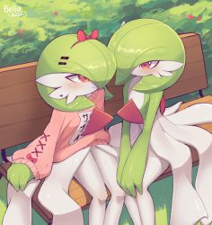 Rule 34 | artist name, bellavoirr, bench, blush, bow hairband, closed mouth, colored skin, commentary, creatures (company), dated, day, english commentary, game freak, gardevoir, gen 3 pokemon, grass, hair ornament, hairband, hairclip, heart, highres, nintendo, on bench, orange eyes, outdoors, pink sweater, pokemon, pokemon (creature), sitting, smile, sweater, white skin