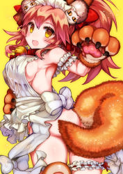 Rule 34 | 1girl, animal ears, animal hands, apron, bell, blush, breasts, bridal garter, collar, convenient censoring, fangs, fate/grand order, fate (series), fox ears, fox tail, fumi (aoi125), hair ribbon, highres, large breasts, long hair, looking at viewer, naked apron, neck bell, open mouth, pink hair, ribbon, sideboob, simple background, solo, tail, tamamo (fate), tamamo cat (fate), tamamo cat (third ascension) (fate), tamamo no mae (fate/extra), yellow background, yellow eyes