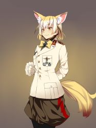 Rule 34 | 10s, 1girl, animal ears, arm behind back, blonde hair, bonkiru, bow, brown eyes, closed mouth, commentary request, cosplay, cowboy shot, erwin rommel, erwin rommel (cosplay), fennec (kemono friends), fox ears, fox tail, from side, fur trim, gloves, gradient background, highres, japari symbol, kemono friends, long sleeves, lucky beast (kemono friends), medal, military, military uniform, multicolored hair, name connection, pants, short hair, solo, standing, tail, two-tone hair, uniform, white gloves, white hair, yellow bow