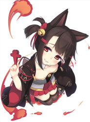 Rule 34 | 1girl, akagi-chan (azur lane), animal ears, azur lane, bell, between fingers, brown hair, brown thighhighs, child, collarbone, commentary request, fox ears, grin, hair bell, hair ornament, hair ribbon, hairclip, head tilt, highres, holding, japanese clothes, jingle bell, kimono, long sleeves, looking at viewer, olive (laai), open clothes, pleated skirt, red ribbon, red skirt, ribbon, short twintails, sidelocks, simple background, skirt, smile, solo, strapless, thighhighs, twintails, white background, white kimono, wide sleeves