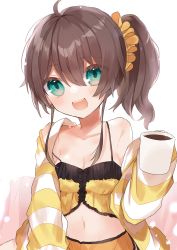 Rule 34 | 1girl, :d, absurdres, ahoge, bad id, bad pixiv id, bare shoulders, blush, breasts, brown hair, cleavage, green eyes, hair ornament, hair scrunchie, highres, hololive, jacket, looking at viewer, medium hair, midriff, natsuiro matsuri, natsuiro matsuri (matsuri&#039;s day off), navel, noi mine, open mouth, scrunchie, side ponytail, simple background, skirt, small breasts, smile, solo, virtual youtuber, white background, yellow jacket, yellow skirt