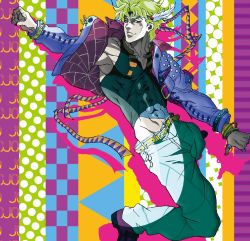 Rule 34 | 1boy, abs, album cover, battle tendency, belt, blonde hair, blue eyes, blue jacket, bracelet, caesar anthonio zeppeli, colorful, contemporary, cover, crop top, cropped jacket, fabulous, facial mark, feather hair ornament, feathers, fingerless gloves, gloves, green eyes, groin, hair ornament, headband, hip bones, jacket, jewelry, jojo no kimyou na bouken, joseph joestar, joseph joestar (young), kicking, male focus, midriff, no panties, official art, pants, patterned background, polka dot, polka dot background, ring, shimizu takako, skin tight, solo, torn clothes, torn pants, white pants