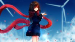 Rule 34 | 1girl, black hair, black skirt, black sweater, blue sky, blurry, blurry background, day, enpera, floating scarf, from side, hair ornament, hairclip, highres, holding, kagerou project, long hair, long scarf, long sleeves, looking at viewer, miniskirt, petals, pleated skirt, qwerggthankyou, red eyes, red scarf, scarf, signature, skirt, sky, smile, solo, standing, sweater, tateyama ayano, wind turbine, windmill