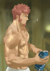 Rule 34 | 1boy, abs, absurdres, bara, brown hair, carton, closed mouth, cross scar, facial hair, fate/grand order, fate (series), goatee, highres, holding, holding carton, large pectorals, long sideburns, male focus, milk carton, monmonhomon, muscular, muscular male, napoleon bonaparte (fate), nipples, pants, pectorals, scar, scar on chest, short hair, sideburns, solo, topless male, white pants