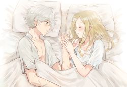 Rule 34 | 1boy, 1girl, bed, blonde hair, couple, dress, gloves, jewelry, long hair, octopath traveler, octopath traveler i, ophilia (octopath traveler), short hair, sleeping, smile, therion (octopath traveler), white hair, wspread