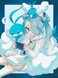 Rule 34 | !, 1girl, altaria, bare shoulders, blue hair, blue nails, creatures (company), detached sleeves, double bun, eyelashes, flying miku (project voltage), game freak, gen 3 pokemon, gradient hair, hair bun, hair over one eye, hatsune miku, highres, lying, multicolored eyes, multicolored hair, nagomi ( nagomi ), nail polish, nintendo, nintendo switch, on back, pokemon, pokemon (creature), project voltage, see-through, see-through shorts, see-through sleeves, shorts under shorts, swablu, twintails, vocaloid, wind chime
