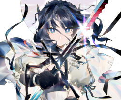 Rule 34 | 1girl, arknights, astesia (arknights), black gloves, blue eyes, blue hair, closed mouth, commentary, diamond-shaped pupils, diamond (shape), dress, elbow gloves, english commentary, expressionless, glint, gloves, hat, highres, holding, holding sword, holding weapon, long hair, looking at viewer, ribbon, shawl, simple background, solo, sword, symbol-shaped pupils, torn clothes, twitter username, upper body, weapon, white background, white dress, white hat, yuji (fantasia)