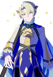 Rule 34 | 1boy, absurdres, alfred (fire emblem), ascot, blonde hair, blue cape, cape, circlet, closed mouth, collar, fire emblem, fire emblem engage, frilled collar, frilled sleeves, frills, green eyes, hair ornament, highres, long sleeves, looking at viewer, male focus, nintendo, rotsugame, short hair, solo, white background, yellow ascot