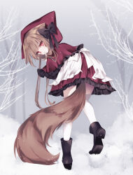 Rule 34 | 1girl, animal ear fluff, animal ears, apron, black footwear, boots, brown eyes, brown hair, capelet, dress, finger to mouth, from behind, highres, hood, kurumi mashiro, leaning forward, little red riding hood, long hair, long tail, looking at viewer, looking back, original, outdoors, red dress, snow, solo, tail, thighhighs, tree, waist apron, white apron, white thighhighs, wolf ears, wolf girl, wolf tail