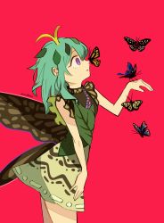 Rule 34 | 1girl, alternate eye color, animal, antennae, aqua hair, artist name, bug, butterfly, butterfly wings, cowboy shot, dress, eternity larva, fairy, green dress, hair between eyes, highres, insect, insect wings, leaf, leaf on head, multicolored clothes, multicolored dress, open mouth, paraholix, purple eyes, red background, short hair, short sleeves, signature, simple background, single strap, solo, touhou, wings