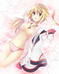 Rule 34 | 10s, 1girl, bare legs, blonde hair, breasts, charlotte dunois, deta-mxproject, infinite stratos, jewelry, navel, necklace, open clothes, open shirt, panties, ponytail, purple eyes, shirt, solo, thigh gap, underwear