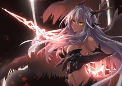Rule 34 | 1girl, ancient dragon lansseax, breasts, chinese commentary, cleavage, closed mouth, commentary request, dragon girl, dragon horns, dragon wings, elden ring, electricity, electrokinesis, fibonacci no usagi, frown, grey hair, highres, holding lightning bolt, horns, large breasts, long hair, looking at viewer, multiple wings, orange eyes, personification, red lightning, slit pupils, solo, very long hair, wings