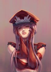 Rule 34 | 1girl, bra, elbow gloves, fate (series), gloves, hand on own face, hat, lips, looking at viewer, medb (alluring chief warden look) (fate), medb (fate), original, ouka (ra-raradan), purple hair, solo, underwear, yellow eyes