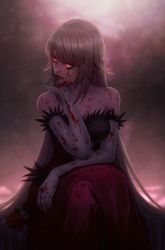 Rule 34 | 1girl, absurdres, bakemonogatari, bare shoulders, blonde hair, blood, blood on clothes, blood on face, dress, elbow gloves, flower, gloves, glowing, highres, kiss-shot acerola-orion heart-under-blade, long hair, looking to the side, manip, monogatari (series), oshino shinobu, parted lips, pointy ears, red dress, red eyes, rose, sitting, solo, very long hair, white gloves