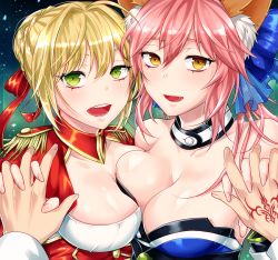 Rule 34 | 10s, 2girls, :d, animal ears, aoi chimaki, bare shoulders, blonde hair, blue kimono, blue ribbon, blush, breast press, breasts, choker, cleavage, cleavage cutout, clothing cutout, collarbone, command spell, dress, epaulettes, fang, fate/extra, fate/grand order, fate (series), fox ears, green eyes, hair between eyes, hair ribbon, heart, heart-shaped pupils, holding hands, interlocked fingers, japanese clothes, kimono, large breasts, looking at viewer, multiple girls, nero claudius (fate), nero claudius (fate) (all), nero claudius (fate/extra), open mouth, pink hair, pov, pov hands, red dress, red ribbon, ribbon, smile, symbol-shaped pupils, symmetrical docking, tamamo (fate), tamamo no mae (fate/extra), upper body, yellow eyes