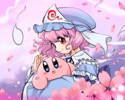 Rule 34 | 1girl, atto maru, blue eyes, blush stickers, cherry blossoms, crossover, eye contact, hat, hitodama, kirby, kirby (series), long sleeves, looking at another, mob cap, open mouth, petals, pink hair, profile, red eyes, ribbon, saigyouji yuyuko, short hair, smile, touhou, trait connection, triangular headpiece, upper body, veil, wide sleeves