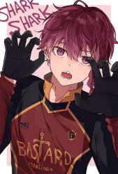 Rule 34 | 1boy, black gloves, blue lock, braid, collared shirt, gloves, hands up, highres, kurona ranze, long sleeves, looking at viewer, male focus, nokcha26, open mouth, red eyes, red hair, red shirt, sharp teeth, shirt, short hair, side braid, single braid, soccer uniform, solo, sportswear, teeth, upper body