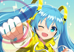 Rule 34 | 1girl, blue eyes, blue hair, blush, clenched hand, fingerless gloves, fitness boxing, gloves, hair ornament, hatsune miku, headset, highres, hood, hoodie, incoming attack, incoming punch, long hair, long sleeves, looking at viewer, one eye closed, open mouth, polka dot, polka dot background, punching, rooibos, smile, solo, sparkle, vocaloid, zipper pull tab