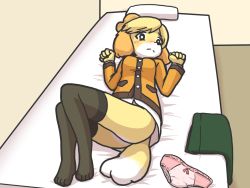 Rule 34 | 1girl, animal crossing, animal ears, ass, black thighhighs, blonde hair, blush, bottomless, bow, bow panties, breasts, brown eyes, clenched hands, closed mouth, dog ears, dog girl, dog tail, embarrassed, female focus, full body, furry, furry female, green skirt, hands up, indoors, isabelle (animal crossing), jacket, long sleeves, looking at viewer, lying, medium breasts, miniskirt, nervous, nintendo, nose blush, on back, on bed, panties, unworn panties, pencil skirt, pillow, pink panties, shirt, short hair, skirt, unworn skirt, solo, starman (artist), tail, thighhighs, topknot, underwear, white shirt, yellow jacket