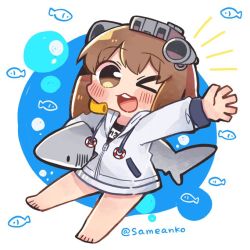 Rule 34 | 1girl, barefoot, black one-piece swimsuit, brown eyes, brown hair, chibi, commentary request, full body, hood, hooded jacket, hoodie, ikea shark, jacket, kantai collection, looking at viewer, one-piece swimsuit, one eye closed, open mouth, round teeth, same anko, school swimsuit, shark, short hair, smile, solo, stuffed animal, stuffed shark, stuffed toy, swimsuit, teeth, upper teeth only, white jacket, yukikaze (kancolle)