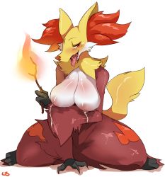 Rule 34 | 1girl, blush, breasts, creatures (company), delphox, female focus, fire, fox, furry, furry female, game freak, gen 6 pokemon, highres, lactation, large breasts, lightsource, looking at viewer, milk, nintendo, nipples, no humans, open mouth, pokemon, pokemon (creature), red eyes, red nose, simple background, solo, stick, teeth, tongue, tongue out, white background