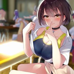 Rule 34 | 1girl, azur lane, baltimore (after-school ace) (azur lane), baltimore (azur lane), beige sweater, black choker, blurry, blurry background, blush, braid, breasts, brown hair, cardigan, cardigan around waist, choker, clothes around waist, collared shirt, commentary request, competition swimsuit, finger to mouth, hair between eyes, hato haru, large breasts, looking at viewer, one-piece swimsuit, shirt, short hair, short sleeves, shushing, smile, sweater, sweater around waist, swimsuit, swimsuit under clothes, thighs, tied sweater, white shirt, yellow eyes