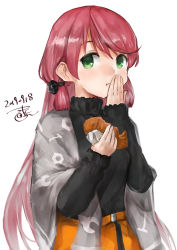 Rule 34 | 1girl, akashi (kancolle), alternate costume, blush, covering own mouth, covering privates, dated, eating, food, green eyes, hair ribbon, highres, kantai collection, long hair, long sleeves, pink hair, ribbon, signature, simple background, solo, sweater, taiyaki, toka (marchlizard), tress ribbon, turtleneck, turtleneck sweater, wagashi, white background