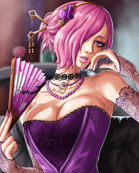 Rule 34 | 1girl, absurdres, artist request, breasts, courtesan, dress, fan, female focus, hair ornament, highres, jewelry, large breasts, looking at viewer, necklace, one piece, pink hair, short hair, vinsmoke reiju
