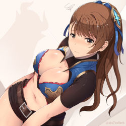 Rule 34 | 10s, 1girl, artist name, beatrix (granblue fantasy), belt, belt buckle, blue ribbon, blue vest, blush, bodysuit, breasts, brown eyes, brown hair, buckle, center opening, cleavage, closed mouth, cowboy shot, dutch angle, eyebrows, female focus, frown, gold trim, granblue fantasy, hair ribbon, hand on own hip, large breasts, long hair, looking at viewer, midriff, open clothes, open vest, revealing clothes, ribbon, shiny skin, short shorts, short sleeves, shorts, silhouette, solo, squiggle, standing, sts, tareme, thighs, vest, wavy mouth