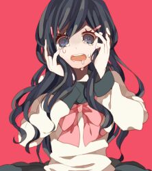 Rule 34 | 1girl, blue hair, bow, crying, crying with eyes open, danganronpa: trigger happy havoc, danganronpa (series), eyelashes, hair ornament, hairclip, long hair, long sleeves, lowres, maco22, maizono sayaka, open mouth, pink background, pleated skirt, school uniform, skirt, solo, standing, tears, wavy mouth