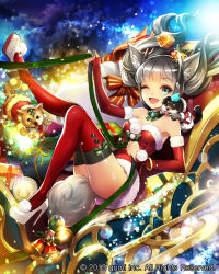 Rule 34 | 1girl, animal ears, bare shoulders, bell, blue eyes, blush, breasts, christmas, cleavage, dog, dog ears, dog tail, eu (euspia), gift, high heels, long hair, looking at viewer, maboroshi juuhime, medium breasts, one eye closed, open mouth, red thighhighs, silver hair, smile, solo, tail, thighhighs